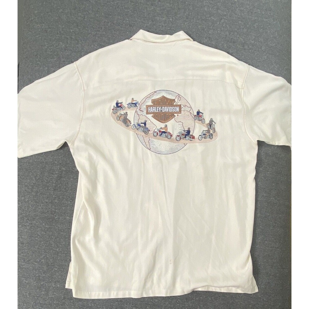 Harley Davidson Silk Shirt Mens XL Beige Button Up Embroidered‎ Motorcycle Bike